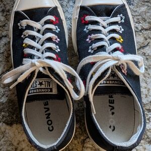 Converse Black Canvas Low Top Sneakers with Floral Embroidery
